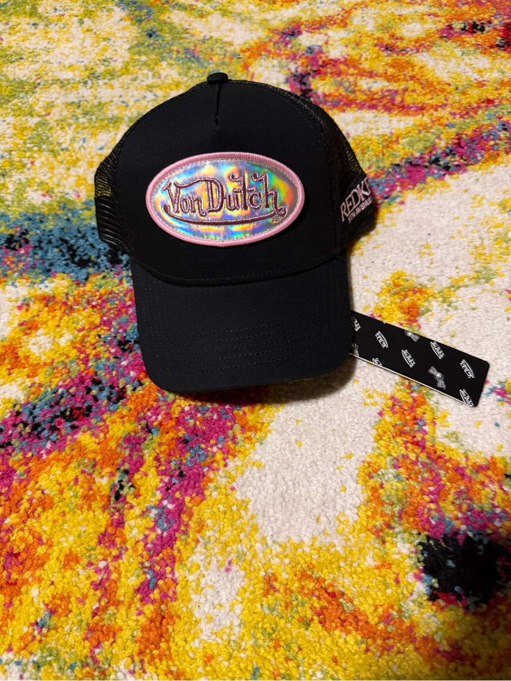 Von Dutch Black Trucker Hat with Holographic Pink-Edged Logo